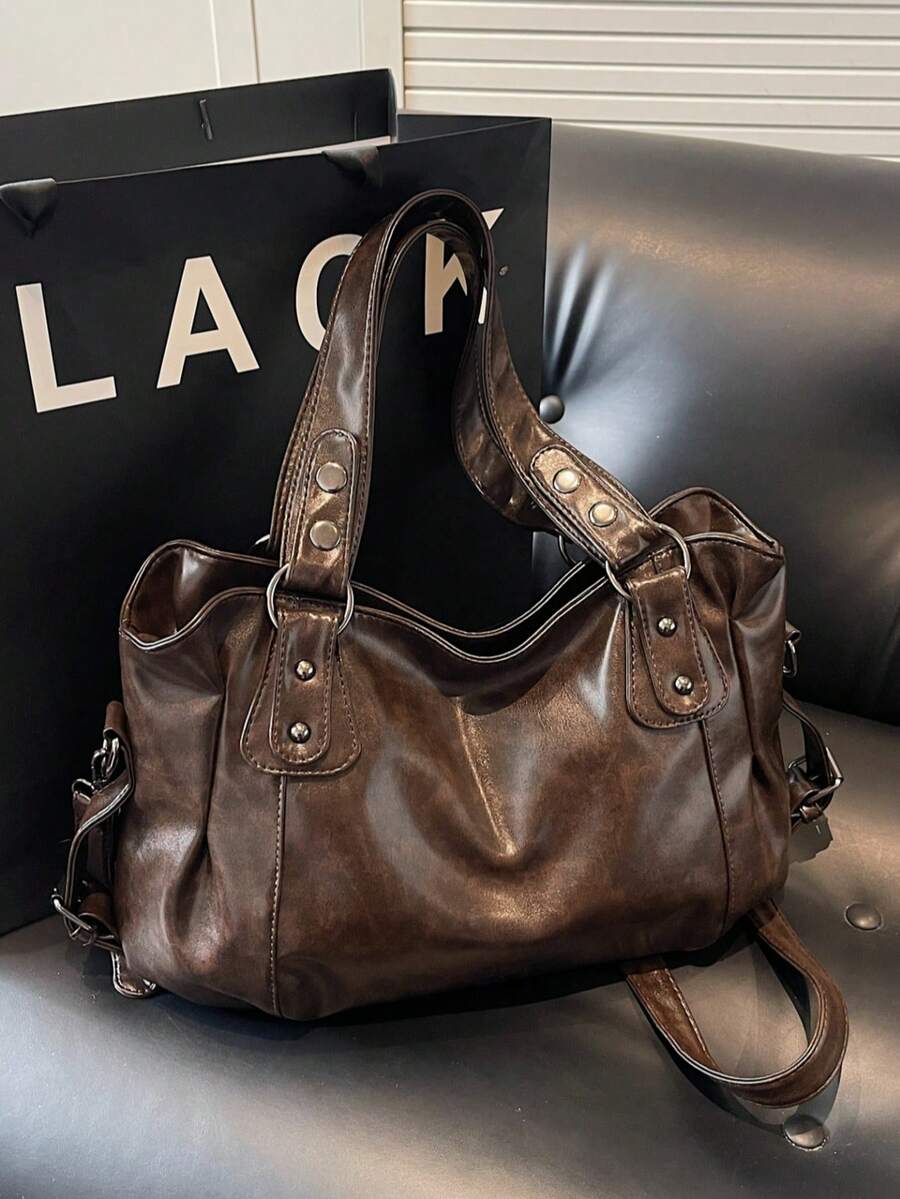 1pc Vintage Large Capacity Handbag, Vintage PU Shoulder Messenger Bag, Women Casual Tote Bag And Wallet - Cà phê - Xem 1