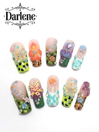 Each Set Consists Of 10 Square Handmade Acrylic Armor Pieces, Designed In French Style With Rhinestones, Flowers, Leopard Prints, And Star Decorations, Available In Multiple Tones And Nude Colors. 3 Sizes To Fit, Suitable For Parties, Dances, And Daily Wear, Comes With A Nail Kit, Making It An Ideal Press On Nails Gift For Ladies And Girls.