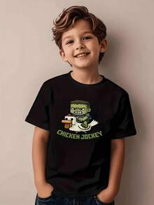 Moda Infantil camiseta con estampado digital  Chicken Jockey 100% algodón Estilo Casual Camiseta estampada para niño - Negro - Ver 1