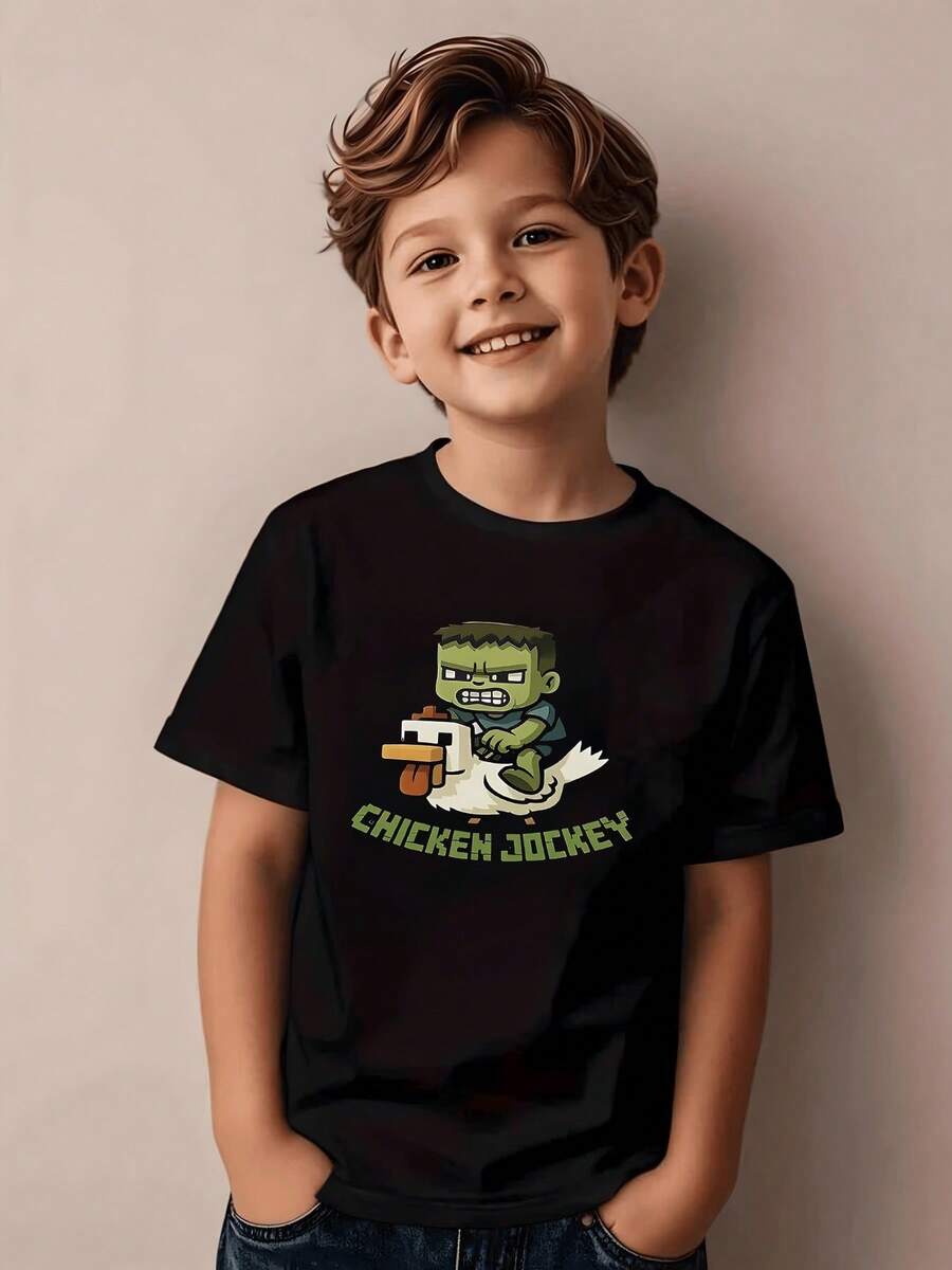 Moda Infantil camiseta con estampado digital Chicken Jockey 100% algodón Estilo Casual Camiseta estampada para niño - Negro - Ver 1