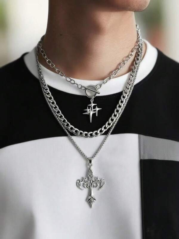 3 piezas Collar de acero inoxidable estilo vintage multicapa con estrella, cadena OT, minimalista, cruz, unisex