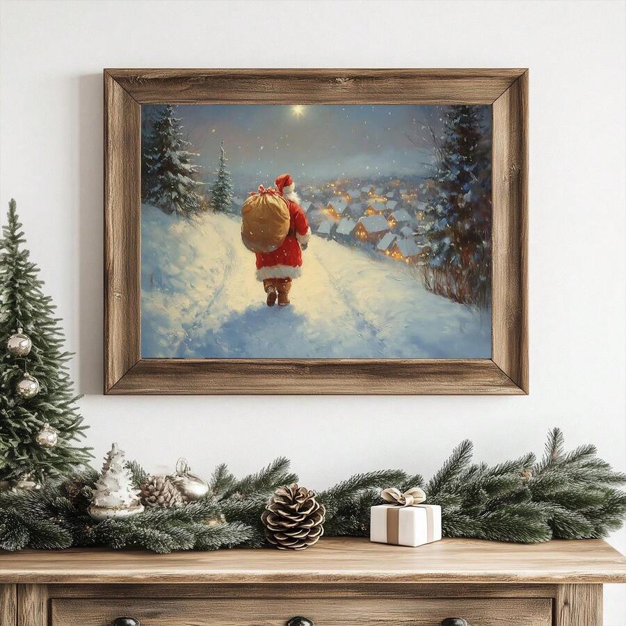 1pc, Vintage Santa Wall Art, Canvas Frame Decorative Painting, Retro Santa Oil Painting, Santa With Sack, Christmas Countryside Scene, Vintage Christmas Theme, Farmhouse Style Holiday, Santa Oil Painting, Christmas Snow Scene, Christmas Home Decor, Minimalist Wall Decor, Modern Art