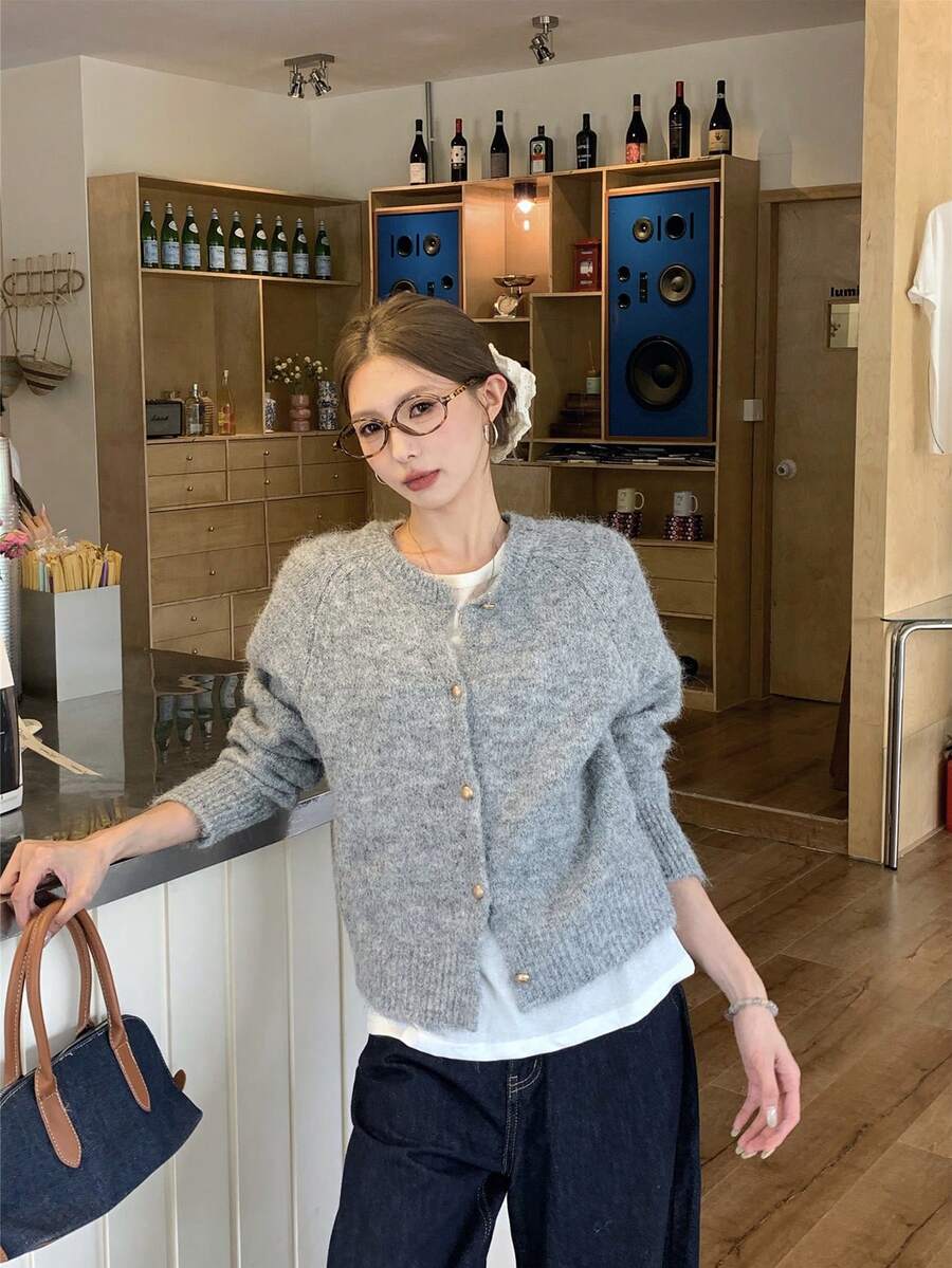 韩版休闲宽松圆领针织开衫 - 灰色 - 查看 1