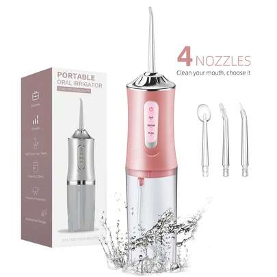 Irrigador dental eléctrico recargable por USB 4 en 1, color rosa, con 3 modos y 4 boquillas, capacidad de agua de 220ml, resistente al agua IPX7, portátil para uso doméstico y de viaje, regalo ideal para hombres y mujeres