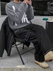 1pc Teenage Boys/Teen Boy Casual Contrast Color Crew Neck Thick Knit Sweater, Suitable For Indoor, Outdoor Exercise, Street Wear, Autumn/Winter