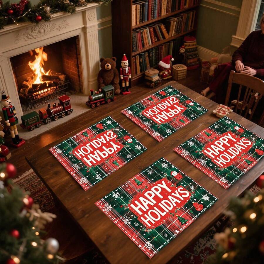 1 set/4 pièces/6 pièces Napperons motifs Père Noël et sapin de Noël, napperons rectangulaires en polyester lavables en machine, protecteurs de table, napperons thermoprotecteurs, décorations de table de restaurant, fournitures de fête, décorations de Noël, peuvent être offerts en cadeau