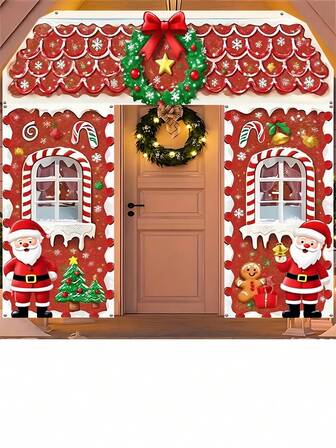 3pcs Santa Claus Door Cover Christmas Winter Holiday Photo Backdrop Party Decor Curtain Banner
