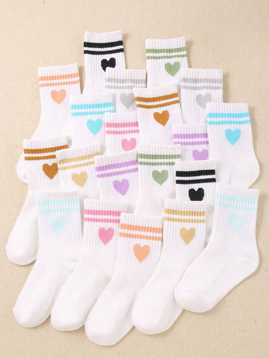 1/10/20 双随机幼儿小女孩运动条纹袜，复古条纹心形，柔软透气儿童袜子，开学学生跑步袜，万圣节圣诞节礼物 - 彩色 - 查看 1