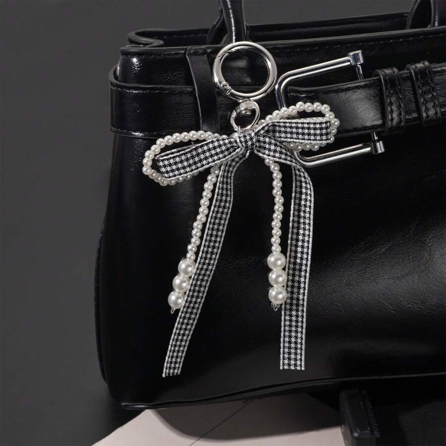 1 pieza Llavero con lazo a cuadros y perla falsa, accesorio para mochila, decoración de cuentas única para funda de teléfono, accesorios de bolso con diseño de lazo minimalista, cordones con soporte para identificación, accesorios para automóvil, dijes para bolsos - Cuadros grises y blancos - Ver 1