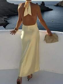 DEEKA 女士春夏新款时尚简约性感露背缎面质感修身连衣裙，优雅派对礼服 - 淡黃色 - 查看 3