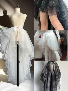 1pc Asymmetric Hem Tuxedo Dress, Asymmetrical Mermaid Tulle Skirt, Asymmetrical Puff Skirt, Flowing Performance Dress, Overlay Dress, Crystal Organza Maxi Skirt, One-Piece Apron, Ruffled Multi-Layer Trailing Dress, Suitable For Weddings, Banquets, Performances, Parties, Bridal, Bridesmaid, Stage Shows, Cosplay, Travel Photography Props, Dance Performances, Halloween Costumes, European-Style Multilayer Lace Ruffle Princess Tie Wedding Dress, Lolita Style Petticoat Underskirt