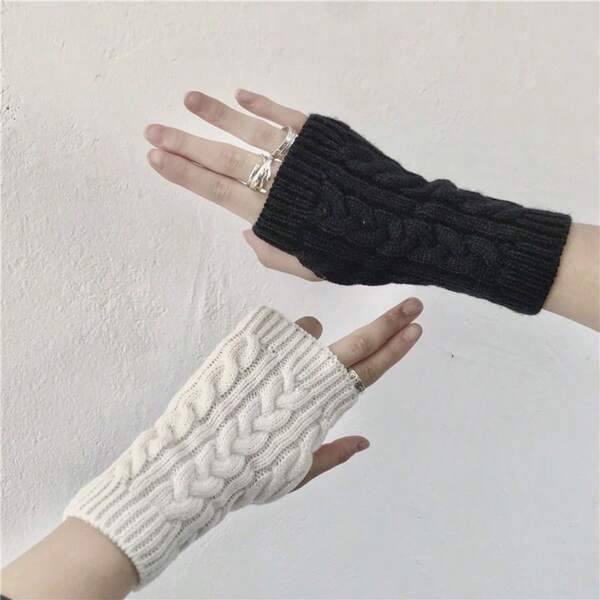 1 paire de gants courts en laine tricotée mode automne/hiver chauds pour femmes en noir, blanc et gris avec étiquette en tissu. Gants blancs Y2K. Gants sans doigts style punk, convenant pour un usage quotidien, les sorties, les rendez-vous et la maison. Produits de protection quotidiens pour les mains, les coudes et les bras