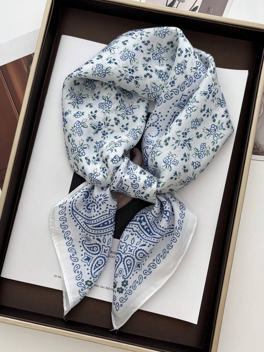 1 chiếc khăn vuông bằng satin in họa tiết Paisley thời trang, khăn choàng cổ/băng đô dành cho nữ với họa tiết hoa. - Hạt điều xanh nhạt - Xem 1