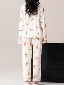 AICJ 2pcs Women Cute Bear & Letter Cartoon Print Pajama Set - Soft, Suitable For Spring, Autumn & Winter Wear, Collared Long Sleeve Top And Long Pants Sleepwear Set - Beige - View 2