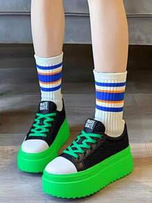 1/3/5 Pairs Striped Pattern Layered Sports Socks, Women's New Casual Mid-Calf Socks For Spring And Autumn, Comfortable And Soft, Suitable For Students, Fashionable And Versatile Striped Style - Multicolor - View 4