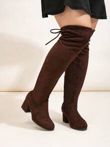 宽版女式过膝靴，松紧筒靴，粗跟，棕色和黑色 - 棕色拉鍊 - 查看 2
