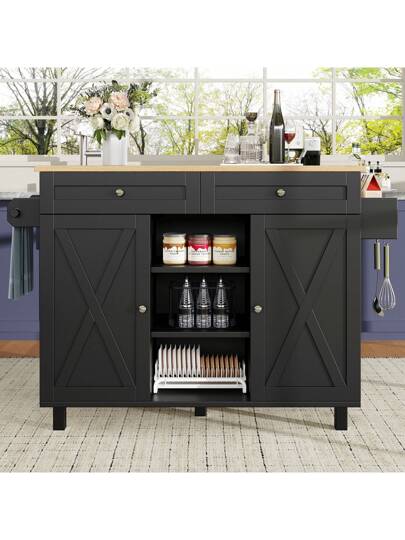 Sairedel Moderne Kitchen Isl Wood Grain Multifunctional Dining Tafel Storage Space Snack Shelves Wit Buffet Cabinet Practical Cart