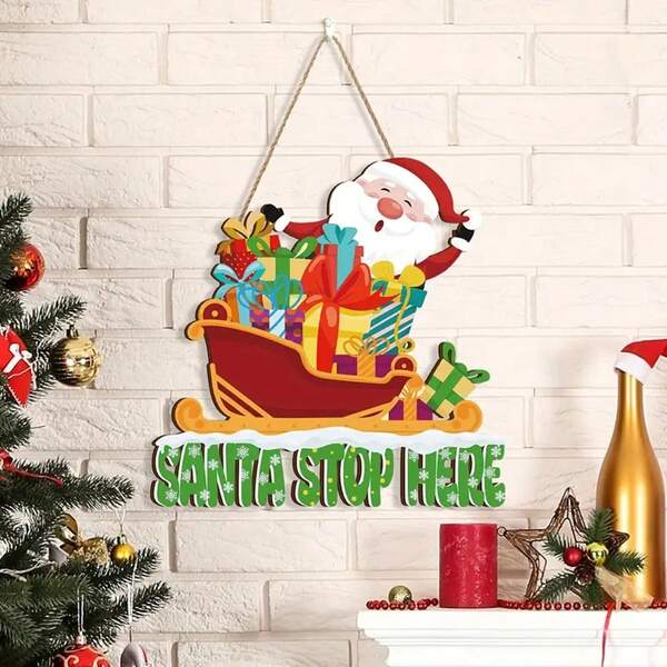2D Wooden Santa Claus Decoration - Traditional 2D Flat Wall Hanging Holiday Decor With "Merry Christmas" Slogan, Plaid And Checkered Tree Pattern, No Electricity Needed For Entryway, Porch, Party And Indoor Home Decor, Christmas Tree Ornament