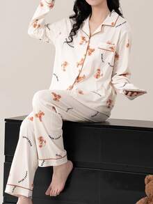 AICJ 2pcs Women Cute Bear & Letter Cartoon Print Pajama Set - Soft, Suitable For Spring, Autumn & Winter Wear, Collared Long Sleeve Top And Long Pants Sleepwear Set - Beige - View 6