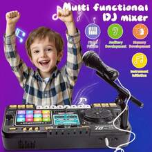 طاولة خلط DJ للأطفال، طاولة خلط DJ للأطفال الصغار مع لوحة DJ وضع اللعبة والتحكم بالإضاءة والسرعة والميكروفون، هدايا للأولاد والبنات من عمر 3 إلى 6 سنوات - طقم خلط DJ للأطفال