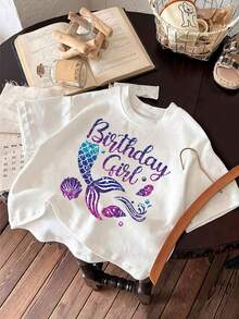 少女可愛字母&美人魚印花休閒圓領短袖t恤,適用於夏季