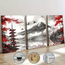 3 piezas Pintura en lienzo enmarcada y póster, listos para colgar, impresiones de paisaje de montaña de estilo japonés, decoración del hogar, arte de pared, decoración de habitación, murales, impresión HD, regalo, sala de estar, dormitorio, comedor, decoración de oficina, con marco
