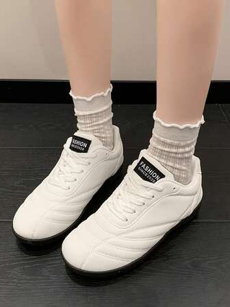 Women's Casual Sneakers, Low-Top, Lightweight, Breathable, Flat, Lace-Up, Solid Color, Versatile, Comfortable Soft Sole, Outdoor, Fitness, Ladies White Shoes