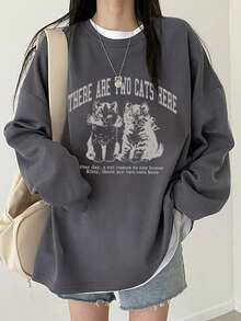 Autumn/Winter New Casual Sweet Cute Girl Long Sleeve T-Shirt, Cartoon Cat Print Top