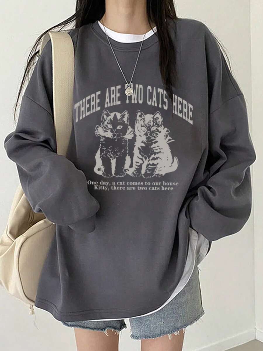 Autumn/Winter New Casual Sweet Cute Girl Long Sleeve T-Shirt, Cartoon Cat Print Top