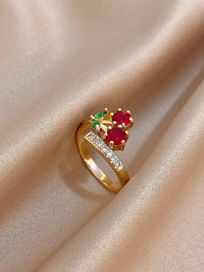 1pc Cherry Shaped Open Ring, Suitable For Teenage Girls - 18K Gold Plated Stainless Steel With Zirconia, Mother's Gift, Teacher's Gift, Bohemian Summer Beach Travel Party Essential, Rave/Ball/Party/Daily Accessory, Gold Jewelry, Back To School Gift, Birthday Gift