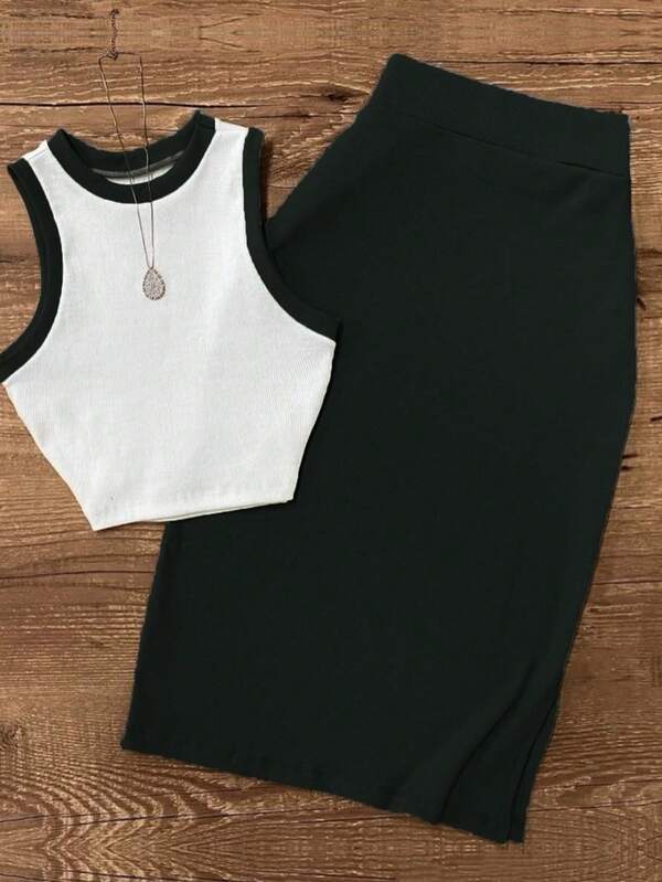 Conjunto de 2 piezas de top sin mangas con ribete de contraste y falda larga de estilo vintage elegante para mujer, primavera/verano