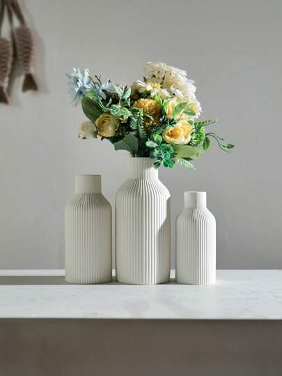 1pc Unique Fluffy Pampas Grass Gestreepte Ceramic Look Plastic Vase Moderne Minimalist Beige Tall Cylinder Tafel Centerpiece Room ation ative Living Wedding Home Flower Glass view 9