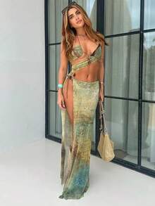 Summer New Fashion Sexy Miniskirt Off-The-Shoulder Waist-Tie High-Waist Bodycon Dress - 綠色 - 查看 3