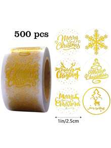 500 piezas/Rollo Pegatinas transparentes con lámina de oro "Feliz Navidad", etiquetas decorativas para embalaje de regalos, pegatinas para envolver regalos de Navidad, decoraciones navideñas, pijamas navideños, regalos de Navidad, decoración navideña - Multicolor - Ver 1