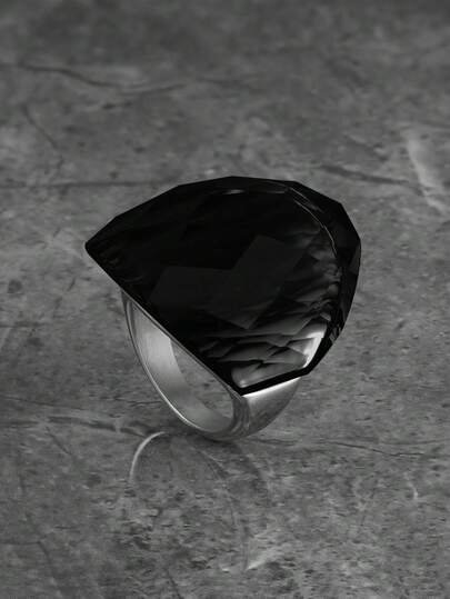 1pc Stainless Steel 316L Elegant Luxury Exquisite Rectangle Huge Faux Black Cut Stone Ring For Women Prom Banquet Date Gift Exquisite Jewelry