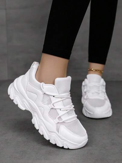 女士休闲运动鞋，厚底网眼透气除臭减震平底鞋，时尚透气休闲跑鞋，耐磨皮革拼接厚底运动鞋，适合女学生、户外派对、洛丽塔风格轻便透气舒适百搭女鞋