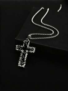 1 件简约水钻镶嵌十字架不锈钢项链，长款多层项链，适合日常佩戴，男女通用