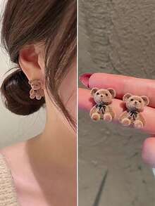 1 Pair Girl's Cute Plush Teddy Bear Earrings, Bunny Earrings Christmas Birthday Party Gift - Multicolor - View 2
