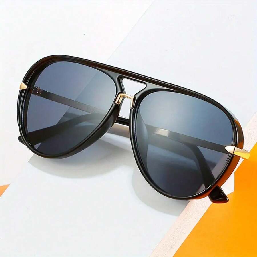 Unisex Oversized Double Bridge Glasses, Retro Panda Eye Shape Frame, Fashionable And Versatile Unisex Glasses, Suitable For Cycling, Street Style, Photography, And Daily Fashion, Offering Protection And Lightweight Design - 金色和粉紅色 - 查看 1