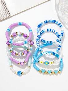 8 peças/Conjunto Pulseiras Elásticas de Argila Macia com Estampas Florais, Estrelas, Rostos Sorridentes, Corações, Nuvens, Adequadas para Presentes e Uso Diário