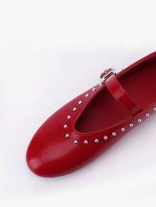 Bailarinas de mujer con puntera redonda, decoración de remaches rojos, estilo Mary Jane. Zapatos planos casuales, cómodos y versátiles, adecuados para vestidos, ir al trabajo y uso diario.