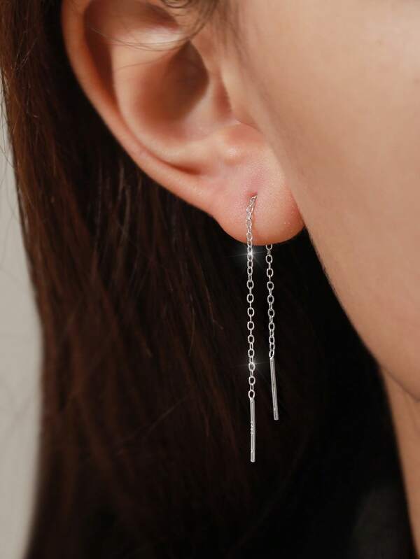 1 Pair Handmade S925 Sterling Silver Minimalist Tassel Pendant Earrings, Showcasing Fashionable Charm, Quality Jewelry Suitable For Women's Daily, Party, And Anniversary Outfits