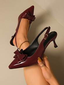 女士时尚优雅新款尖头性感中跟鞋，派对/正式礼服凉鞋，亮面漆皮设计，夏季小猫高跟鞋，可选酒红色、黑色、白色、红色、7 月 4 日蓝色，优雅高跟鞋 - 酒紅色 - 查看 3