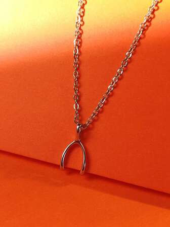 1pc Fashionable Stainless Steel Silver Lucky Wishbone Pendant Necklace, Thanksgiving Gift, Gift For Couples And Family