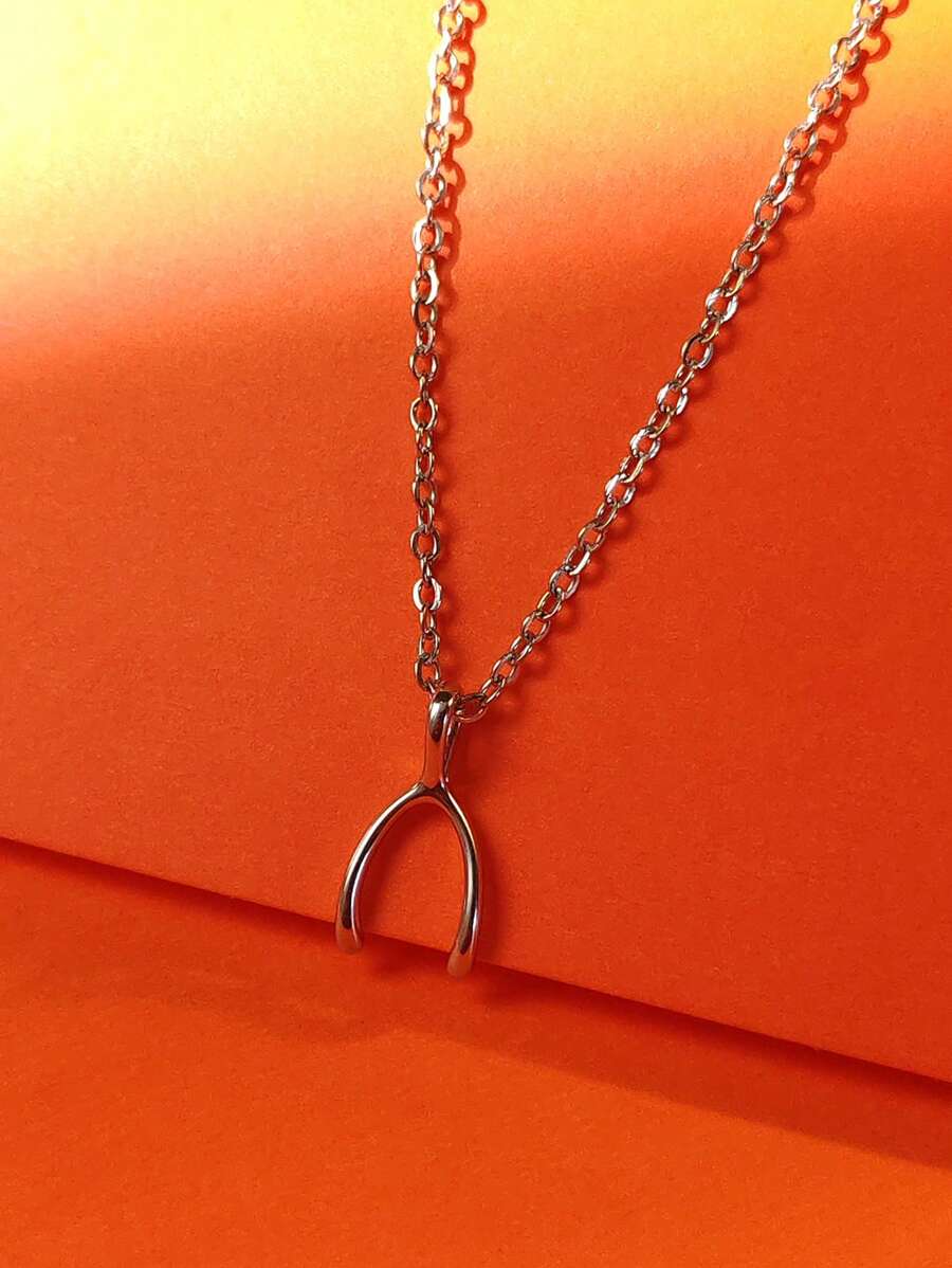 1 件时尚不锈钢银色幸运许愿骨吊坠项链，感恩节礼物，情侣和家人的礼物 - 許願骨 - 查看 1