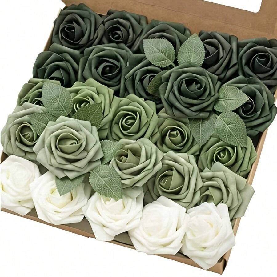 8 Color Options - Each Box Contains 25 Realistic Roses, With 5 Different Flower Shapes For A Single Color, A Bendable Stem, And 8 Leaves. Suitable For Occasions Such As Birthdays, Weddings, Valentine's Day, Christmas Parties, Etc., Adding Precious Commemorative Choices To Your Celebrations - 五色胡桃 - 查看 1