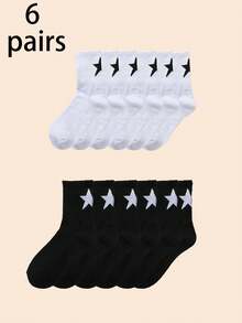 6 أزواج جوارب متوسطة الطول بنمط نجمي ذات ألوان متباينة، متعددة الاستخدامات لجميع المواسم