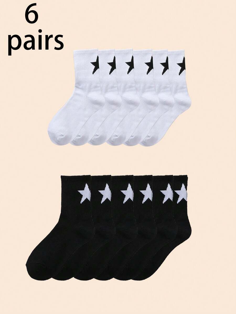 6 أزواج جوارب متوسطة الطول بنمط نجمي ذات ألوان متباينة، متعددة الاستخدامات لجميع المواسم