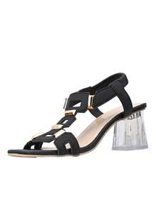 Scarpe da donna stile europeo e americano, design geometrico cavo, slip-on, punta quadrata, tacco largo, suola trasparente, leggere e versatili, resistenti all'usura per l'uso quotidiano