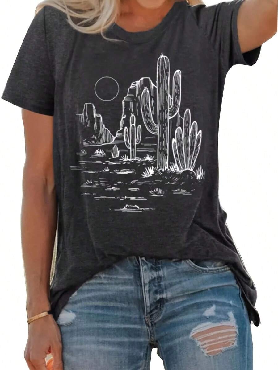 1pc Desert Cactus Graphic Tee, 100% Cotton Soft & Rustic Design Top, White - Outlined Cactus & Sunset Detail, Western Theme & Outdoor Adventure Shirt For Spring & Summer Seasons - 黑色30 - 查看 1